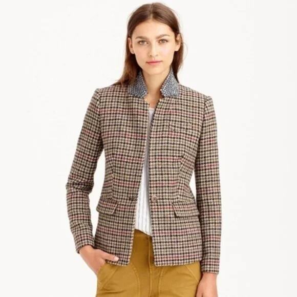 J.Crew Blazer Regent Wool Houndstooth Tan Jewel Jacket Size 2 - Picture 1 of 16